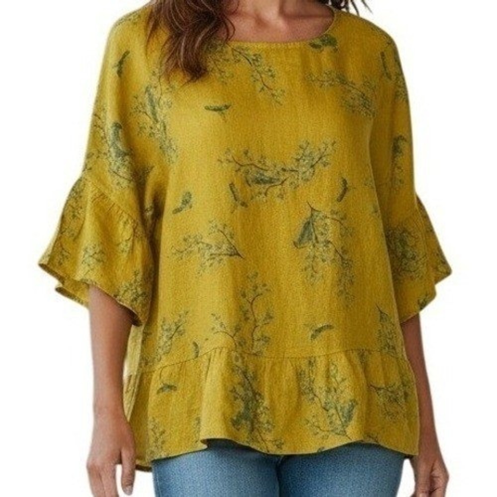 VALENTINA NALDI Mustard Yellow Linen‎ Botanical Bird Print Peplum Blouse EUC S